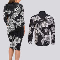 Hawaiian-Polynesian Art Tattoo Couples Matching Long Sleeve Bodycon Dress and Long Sleeve Button Shirt Hibiscus and Plumeria Grayscale LT03 - Polynesian Pride