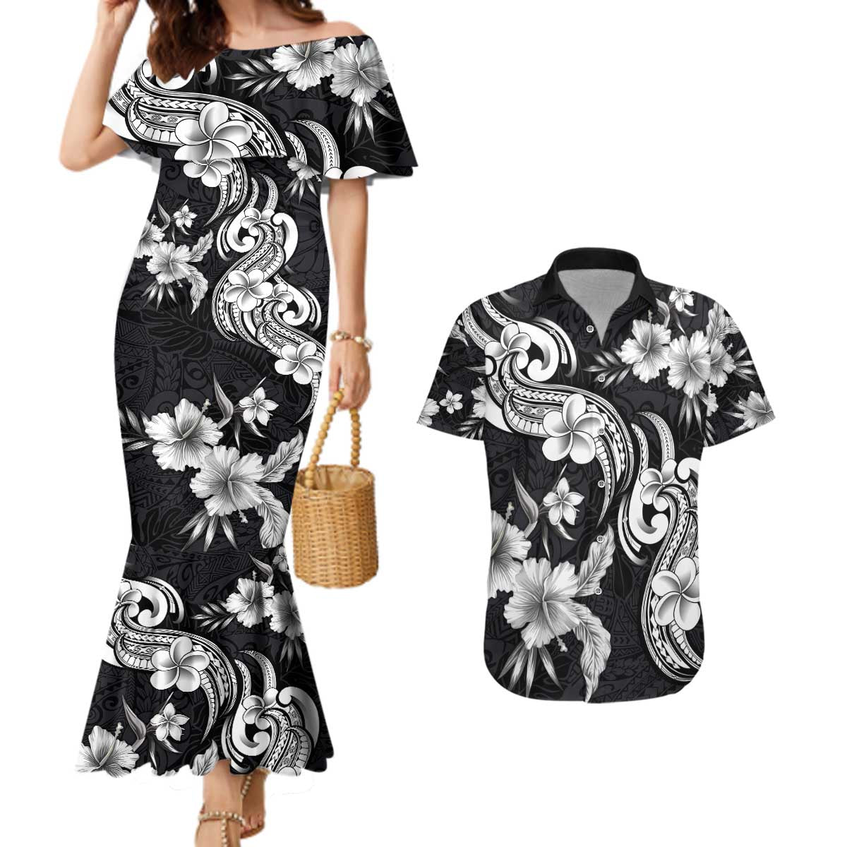 Hawaiian-Polynesian Art Tattoo Couples Matching Mermaid Dress and Hawaiian Shirt Hibiscus and Plumeria Grayscale LT03 Black - Polynesian Pride