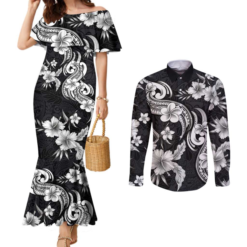 Hawaiian-Polynesian Art Tattoo Couples Matching Mermaid Dress and Long Sleeve Button Shirt Hibiscus and Plumeria Grayscale LT03 Black - Polynesian Pride
