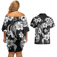 Hawaiian-Polynesian Art Tattoo Couples Matching Off Shoulder Short Dress and Hawaiian Shirt Hibiscus and Plumeria Grayscale LT03 - Polynesian Pride