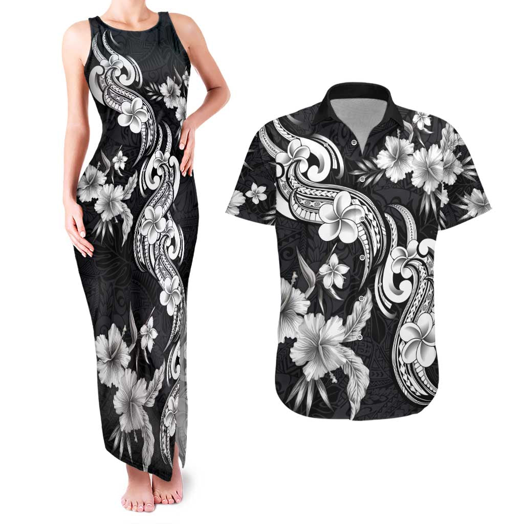 Hawaiian-Polynesian Art Tattoo Couples Matching Tank Maxi Dress and Hawaiian Shirt Hibiscus and Plumeria Grayscale LT03 Black - Polynesian Pride