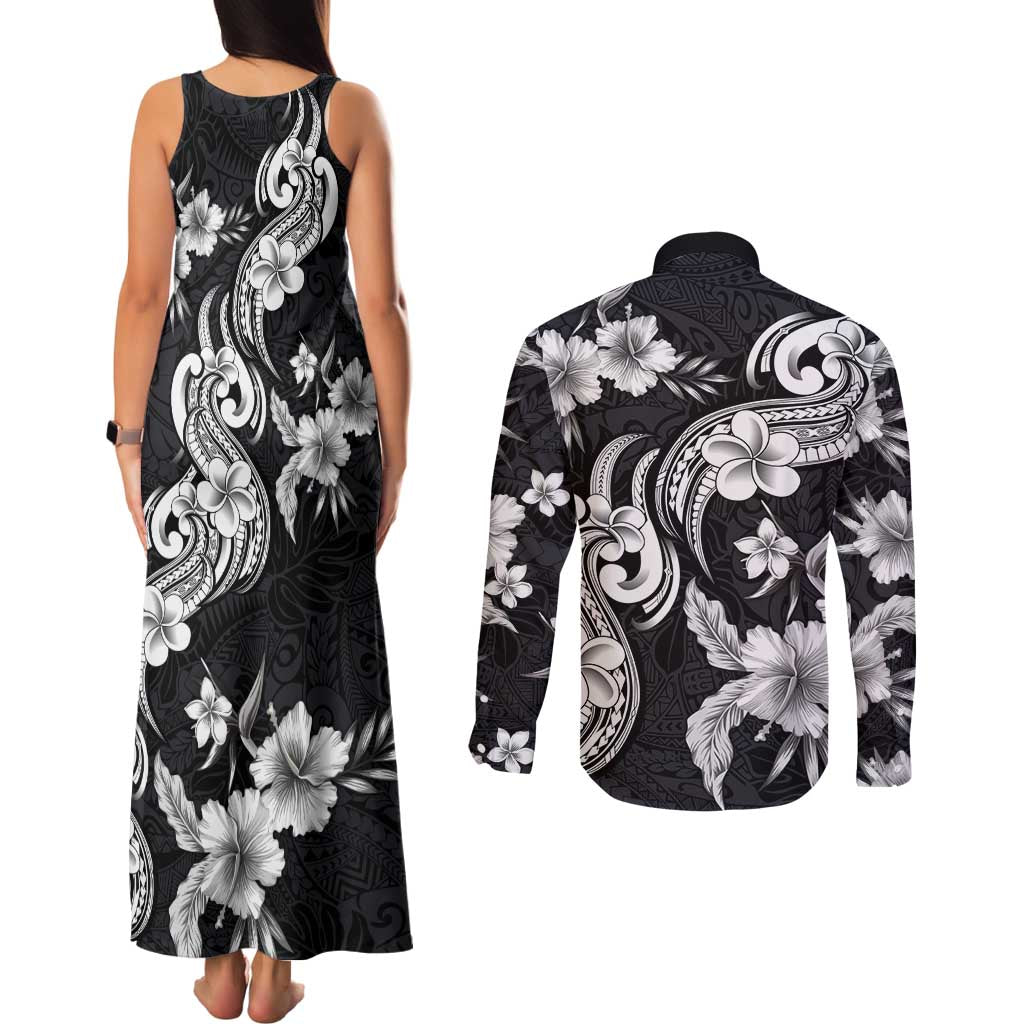 Hawaiian-Polynesian Art Tattoo Couples Matching Tank Maxi Dress and Long Sleeve Button Shirt Hibiscus and Plumeria Grayscale LT03 - Polynesian Pride