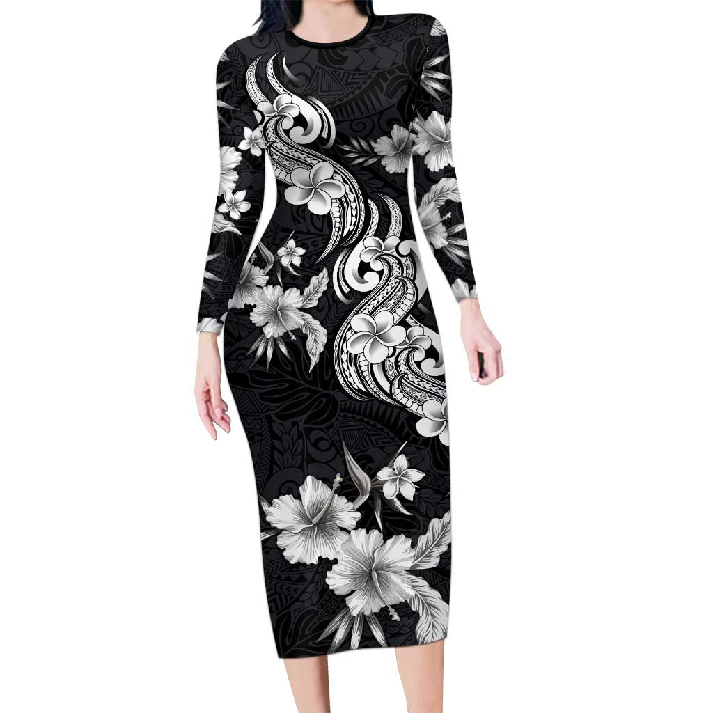 Hawaiian-Polynesian Art Tattoo Family Matching Long Sleeve Bodycon Dress and Hawaiian Shirt Hibiscus and Plumeria Grayscale LT03 Mom's Dress Black - Polynesian Pride