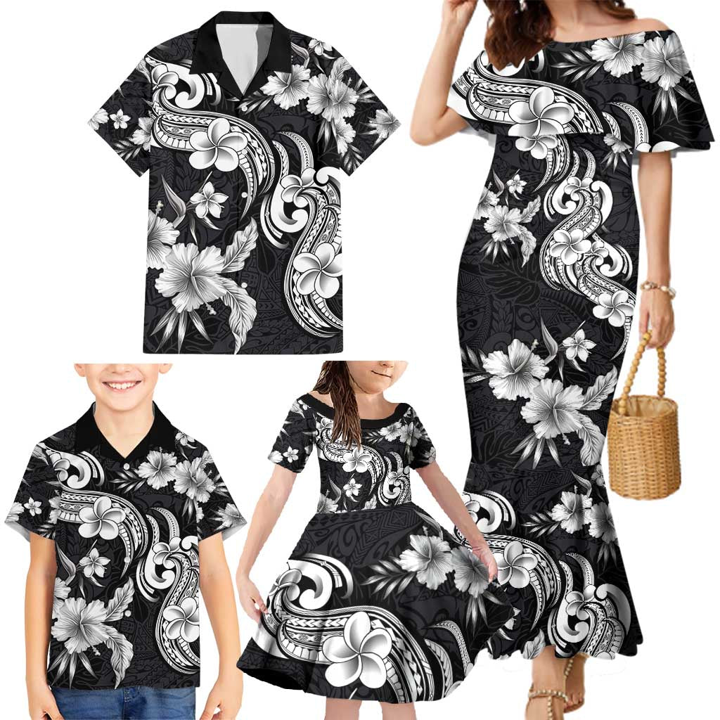 Hawaiian-Polynesian Art Tattoo Family Matching Mermaid Dress and Hawaiian Shirt Hibiscus and Plumeria Grayscale LT03 - Polynesian Pride