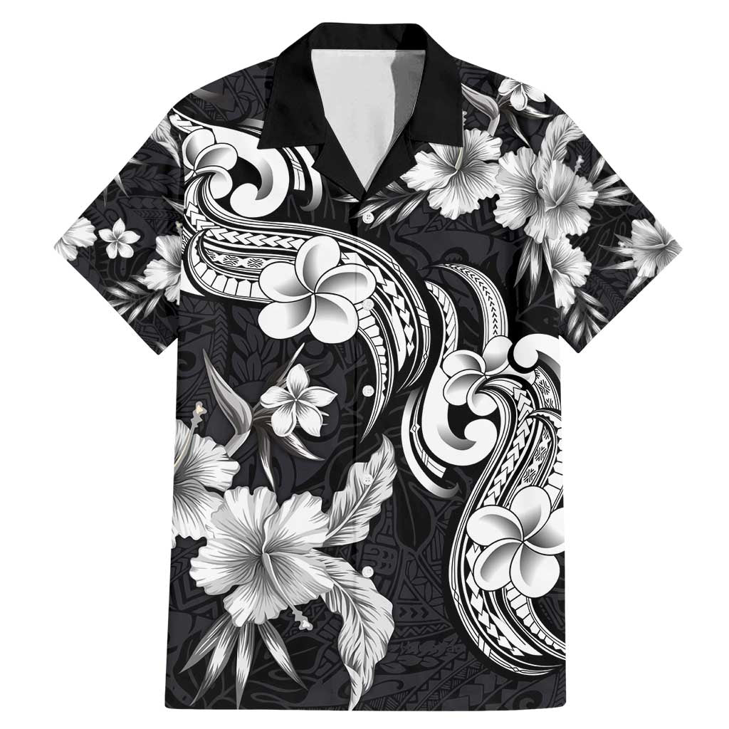 Hawaiian-Polynesian Art Tattoo Family Matching Mermaid Dress and Hawaiian Shirt Hibiscus and Plumeria Grayscale LT03 Dad's Shirt - Short Sleeve Black - Polynesian Pride