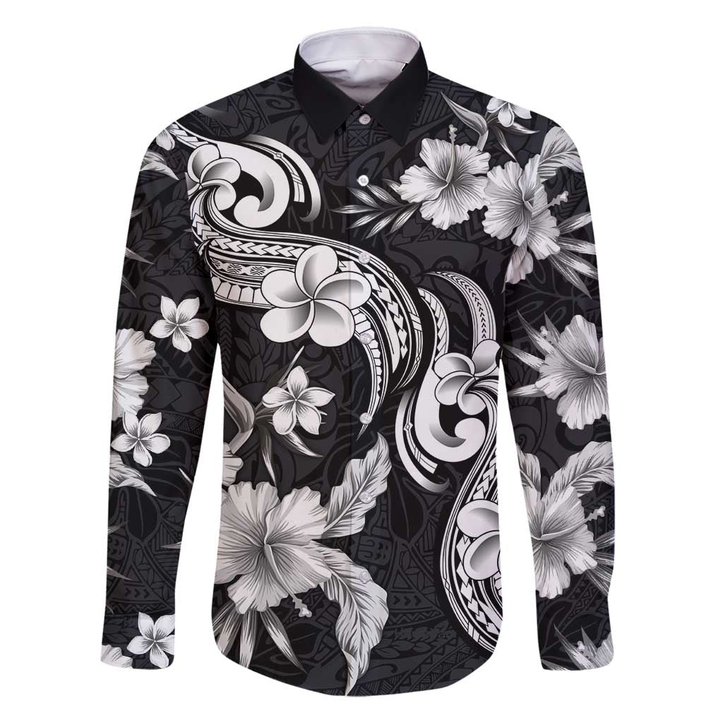 Hawaiian-Polynesian Art Tattoo Family Matching Mermaid Dress and Hawaiian Shirt Hibiscus and Plumeria Grayscale LT03 Dad's Shirt - Long Sleeve Black - Polynesian Pride