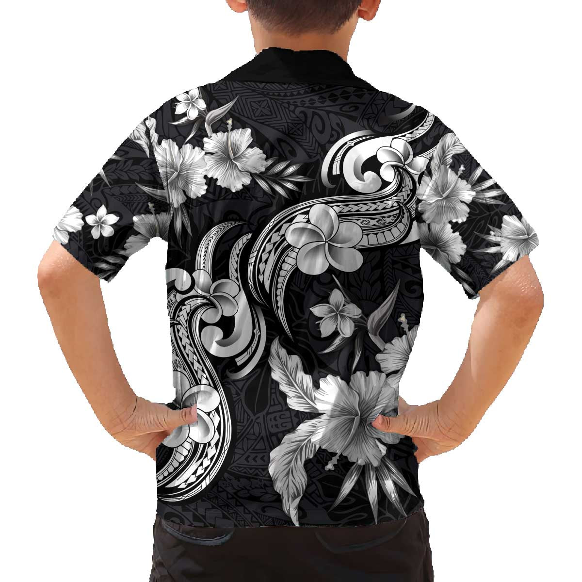 Hawaiian-Polynesian Art Tattoo Family Matching Off The Shoulder Long Sleeve Dress and Hawaiian Shirt Hibiscus and Plumeria Grayscale LT03 - Polynesian Pride