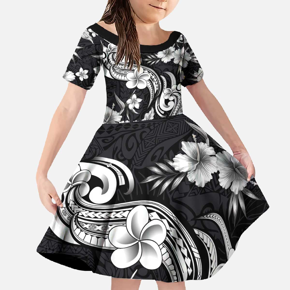 Hawaiian-Polynesian Art Tattoo Family Matching Off The Shoulder Long Sleeve Dress and Hawaiian Shirt Hibiscus and Plumeria Grayscale LT03 Daughter's Dress Black - Polynesian Pride