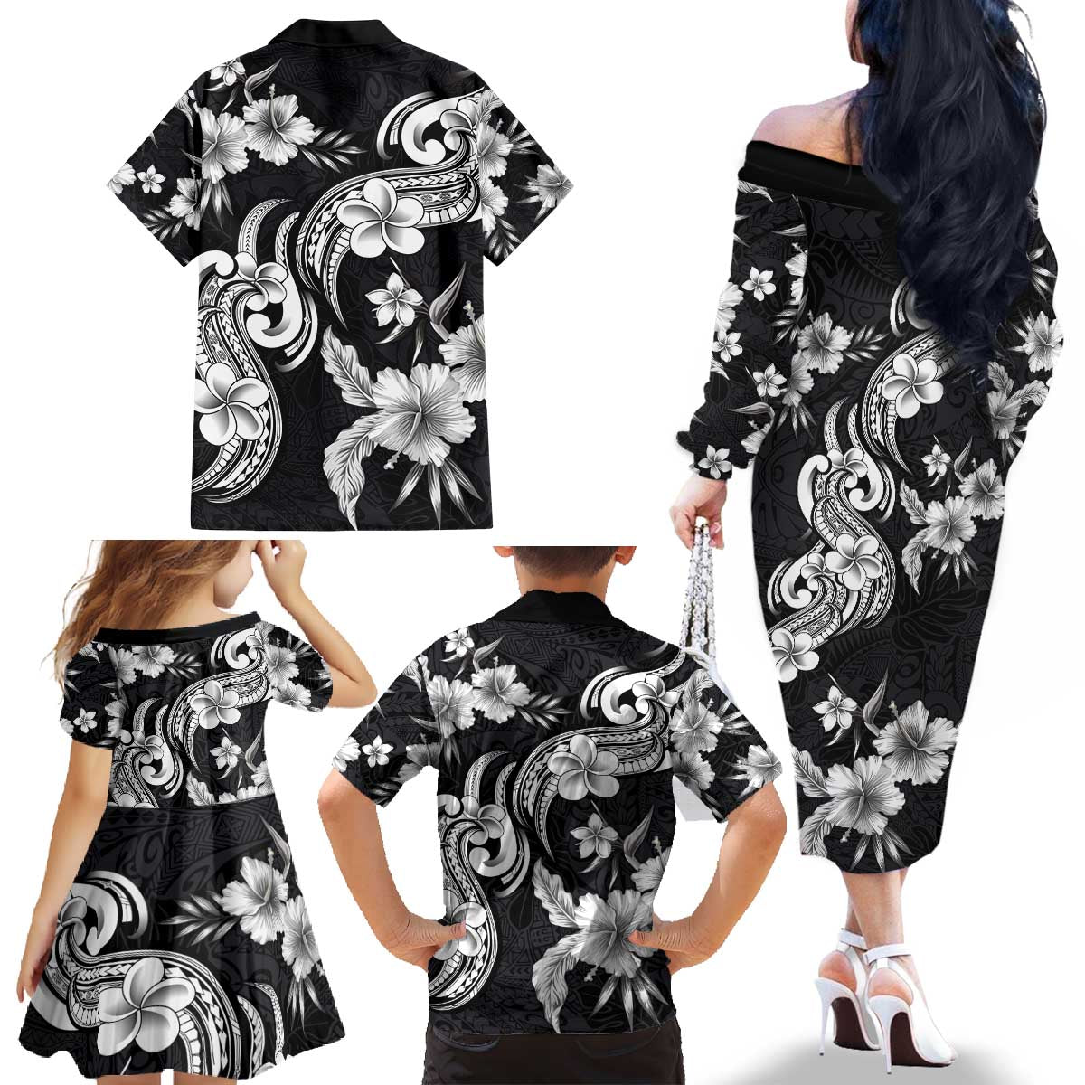 Hawaiian-Polynesian Art Tattoo Family Matching Off The Shoulder Long Sleeve Dress and Hawaiian Shirt Hibiscus and Plumeria Grayscale LT03 - Polynesian Pride