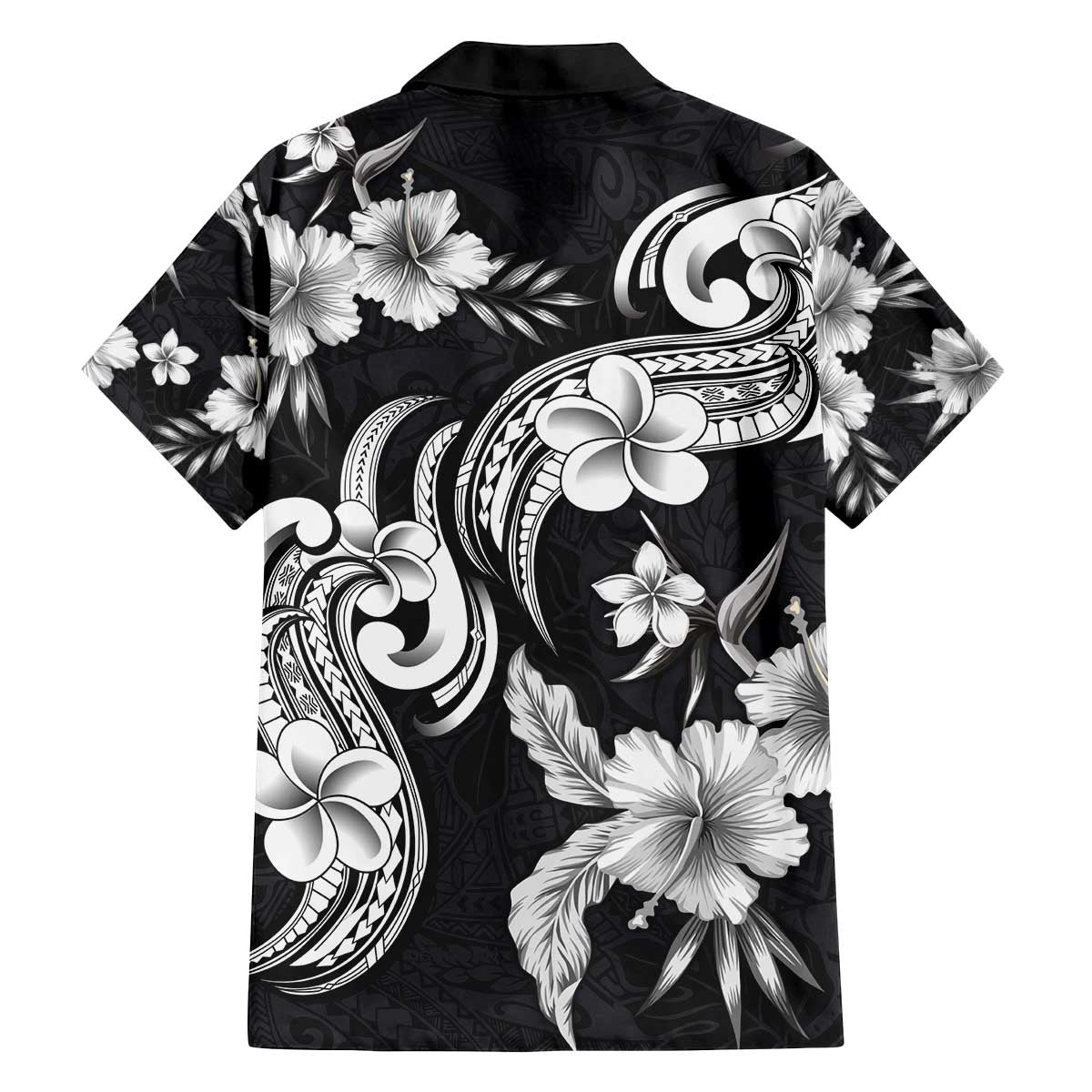Hawaiian-Polynesian Art Tattoo Family Matching Off The Shoulder Long Sleeve Dress and Hawaiian Shirt Hibiscus and Plumeria Grayscale LT03 - Polynesian Pride