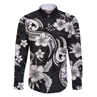 Hawaiian-Polynesian Art Tattoo Family Matching Off The Shoulder Long Sleeve Dress and Hawaiian Shirt Hibiscus and Plumeria Grayscale LT03 Dad's Shirt - Long Sleeve Black - Polynesian Pride