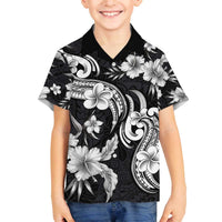 Hawaiian-Polynesian Art Tattoo Family Matching Off The Shoulder Long Sleeve Dress and Hawaiian Shirt Hibiscus and Plumeria Grayscale LT03 Son's Shirt Black - Polynesian Pride
