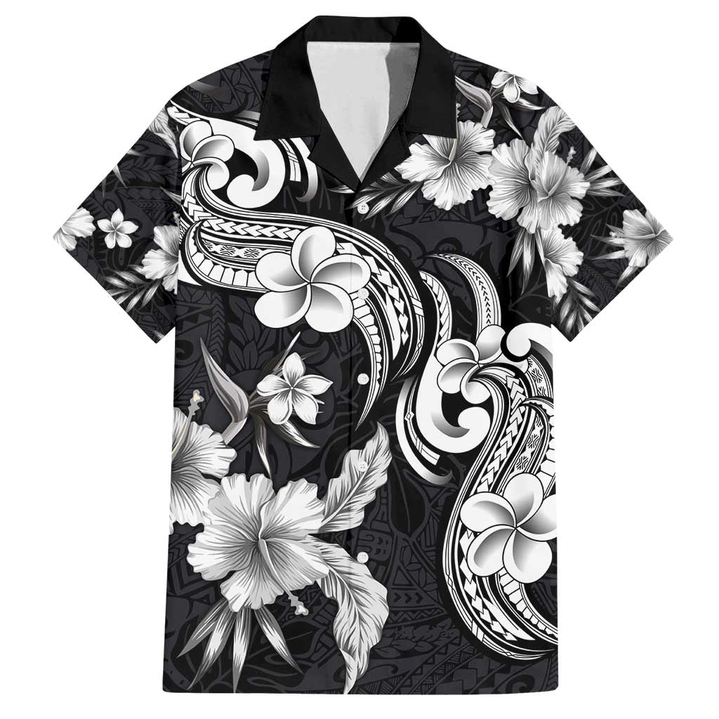 Hawaiian-Polynesian Art Tattoo Family Matching Off Shoulder Maxi Dress and Hawaiian Shirt Hibiscus and Plumeria Grayscale LT03 Dad's Shirt - Short Sleeve Black - Polynesian Pride