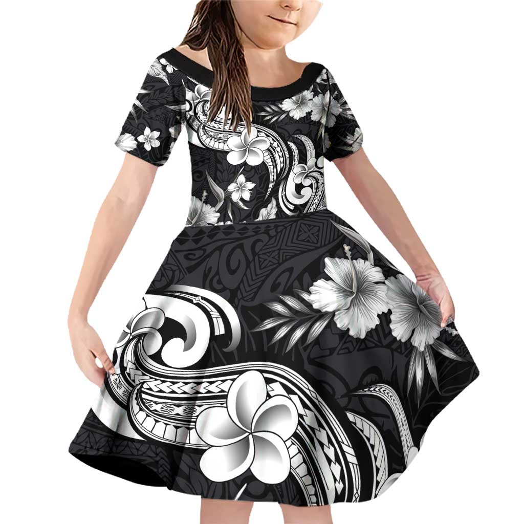 Hawaiian-Polynesian Art Tattoo Family Matching Off Shoulder Short Dress and Hawaiian Shirt Hibiscus and Plumeria Grayscale LT03 Daughter's Dress Black - Polynesian Pride