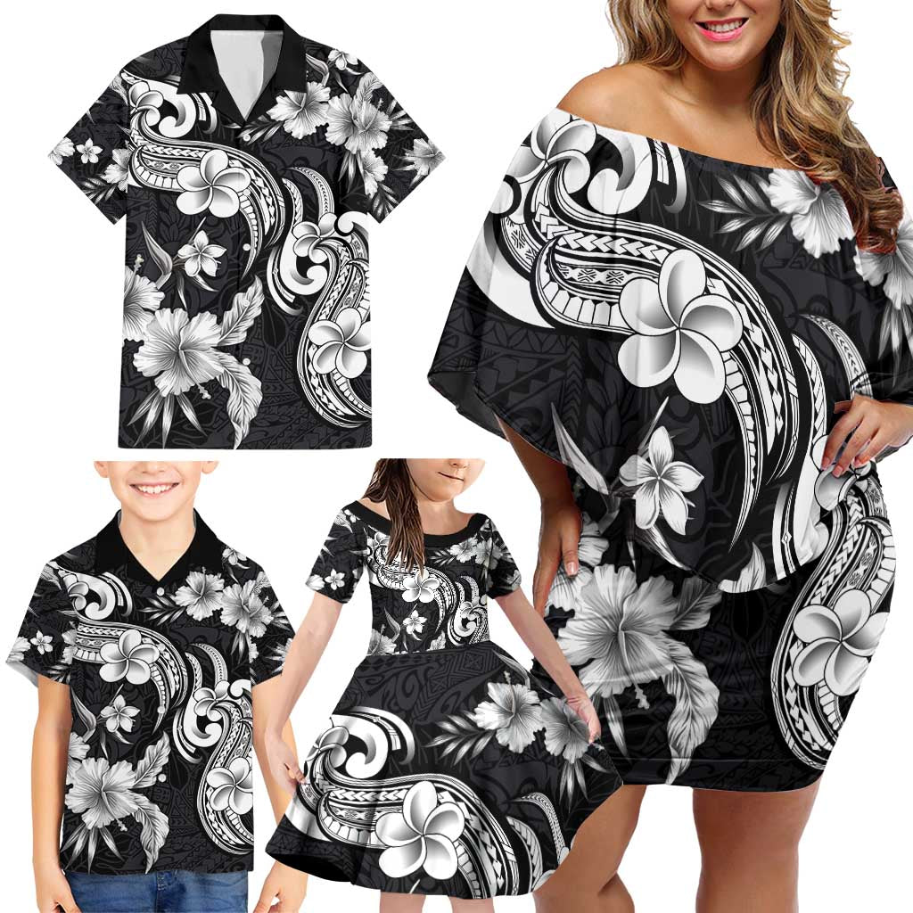 Hawaiian-Polynesian Art Tattoo Family Matching Off Shoulder Short Dress and Hawaiian Shirt Hibiscus and Plumeria Grayscale LT03 - Polynesian Pride