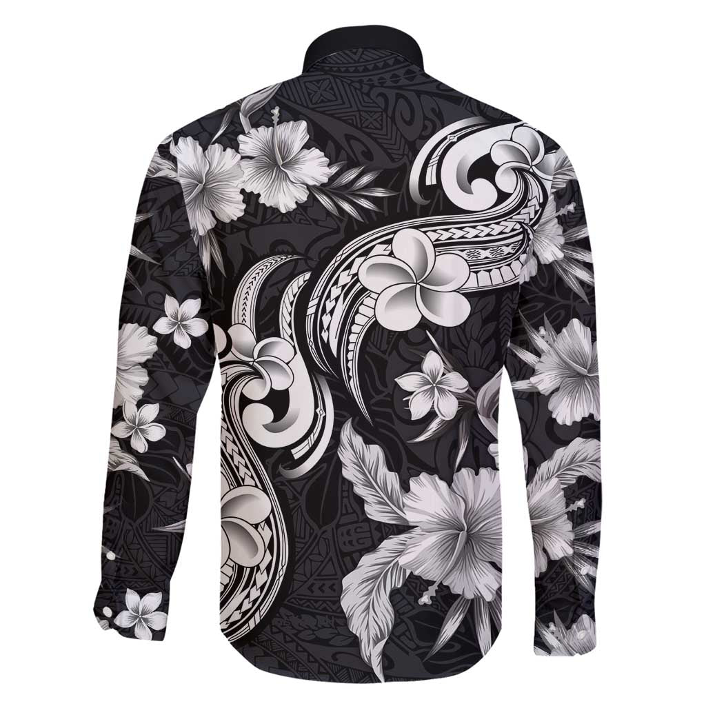 Hawaiian-Polynesian Art Tattoo Family Matching Off Shoulder Short Dress and Hawaiian Shirt Hibiscus and Plumeria Grayscale LT03 - Polynesian Pride