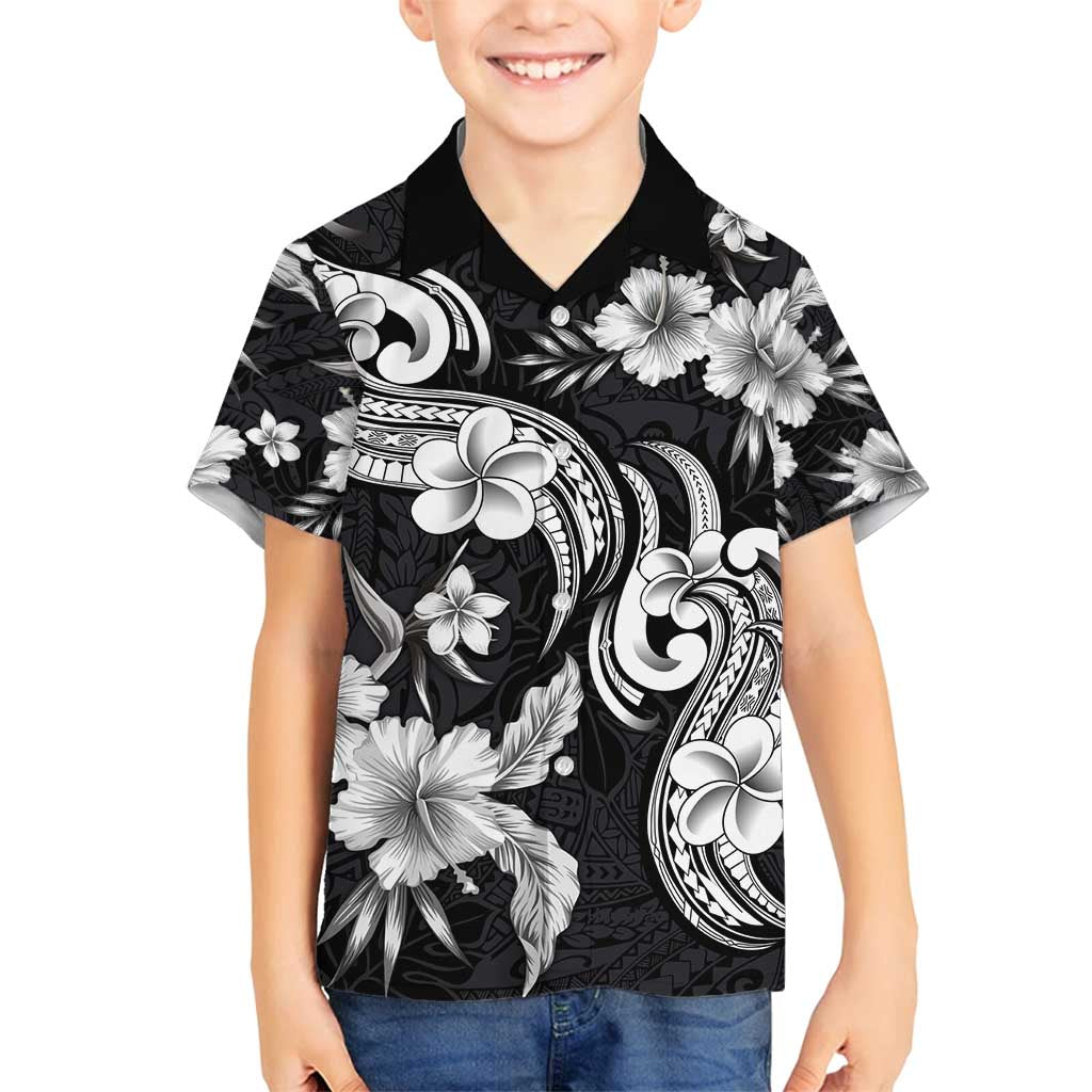 Hawaiian-Polynesian Art Tattoo Family Matching Off Shoulder Short Dress and Hawaiian Shirt Hibiscus and Plumeria Grayscale LT03 Son's Shirt Black - Polynesian Pride