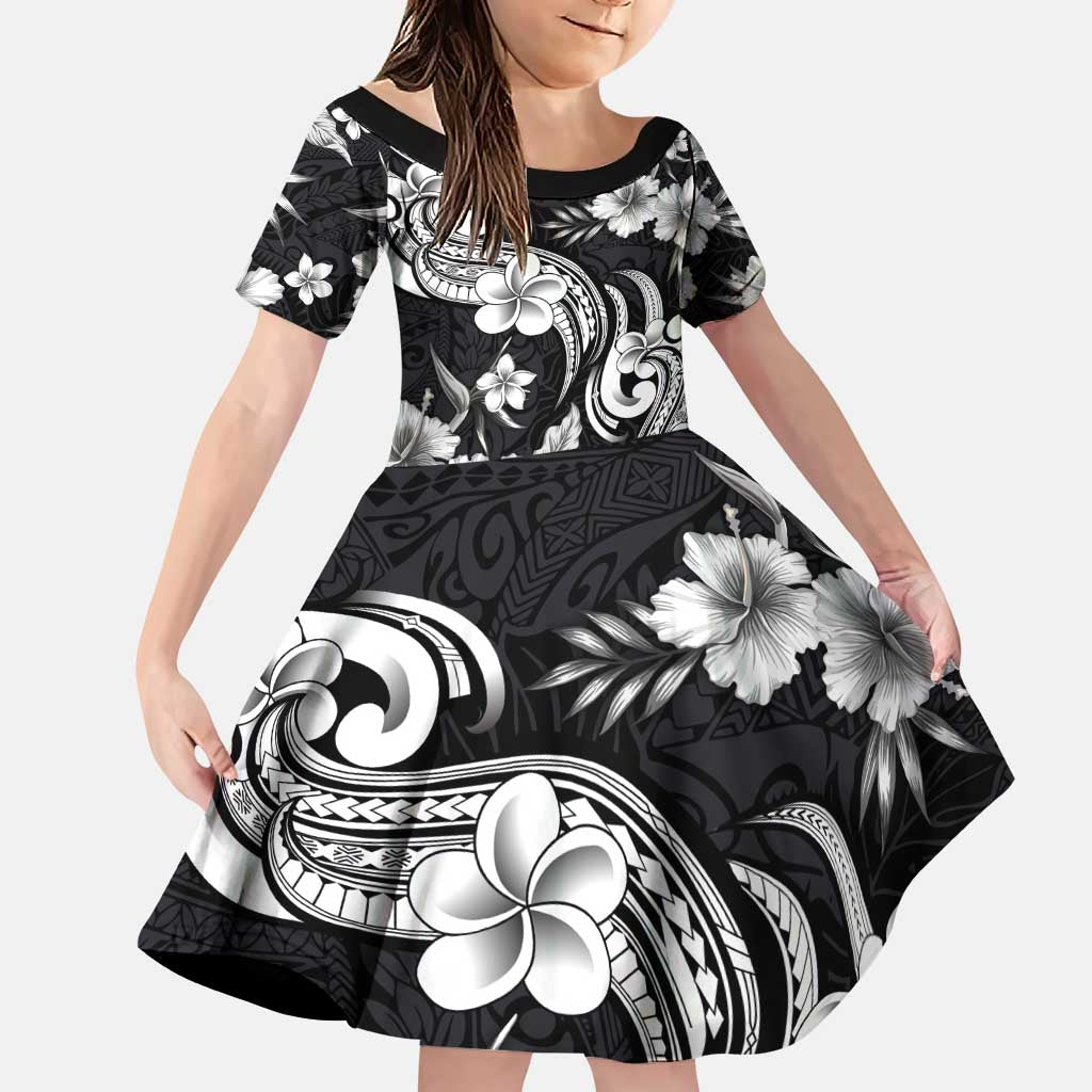 Hawaiian-Polynesian Art Tattoo Family Matching Puletasi and Hawaiian Shirt Hibiscus and Plumeria Grayscale LT03 Daughter's Dress Black - Polynesian Pride