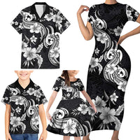 Hawaiian-Polynesian Art Tattoo Family Matching Short Sleeve Bodycon Dress and Hawaiian Shirt Hibiscus and Plumeria Grayscale LT03 - Polynesian Pride