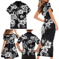 Hawaiian-Polynesian Art Tattoo Family Matching Short Sleeve Bodycon Dress and Hawaiian Shirt Hibiscus and Plumeria Grayscale LT03 - Polynesian Pride