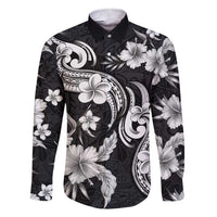 Hawaiian-Polynesian Art Tattoo Family Matching Short Sleeve Bodycon Dress and Hawaiian Shirt Hibiscus and Plumeria Grayscale LT03 Dad's Shirt - Long Sleeve Black - Polynesian Pride
