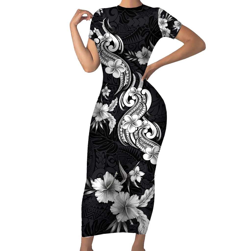 Hawaiian-Polynesian Art Tattoo Family Matching Short Sleeve Bodycon Dress and Hawaiian Shirt Hibiscus and Plumeria Grayscale LT03 Mom's Dress Black - Polynesian Pride