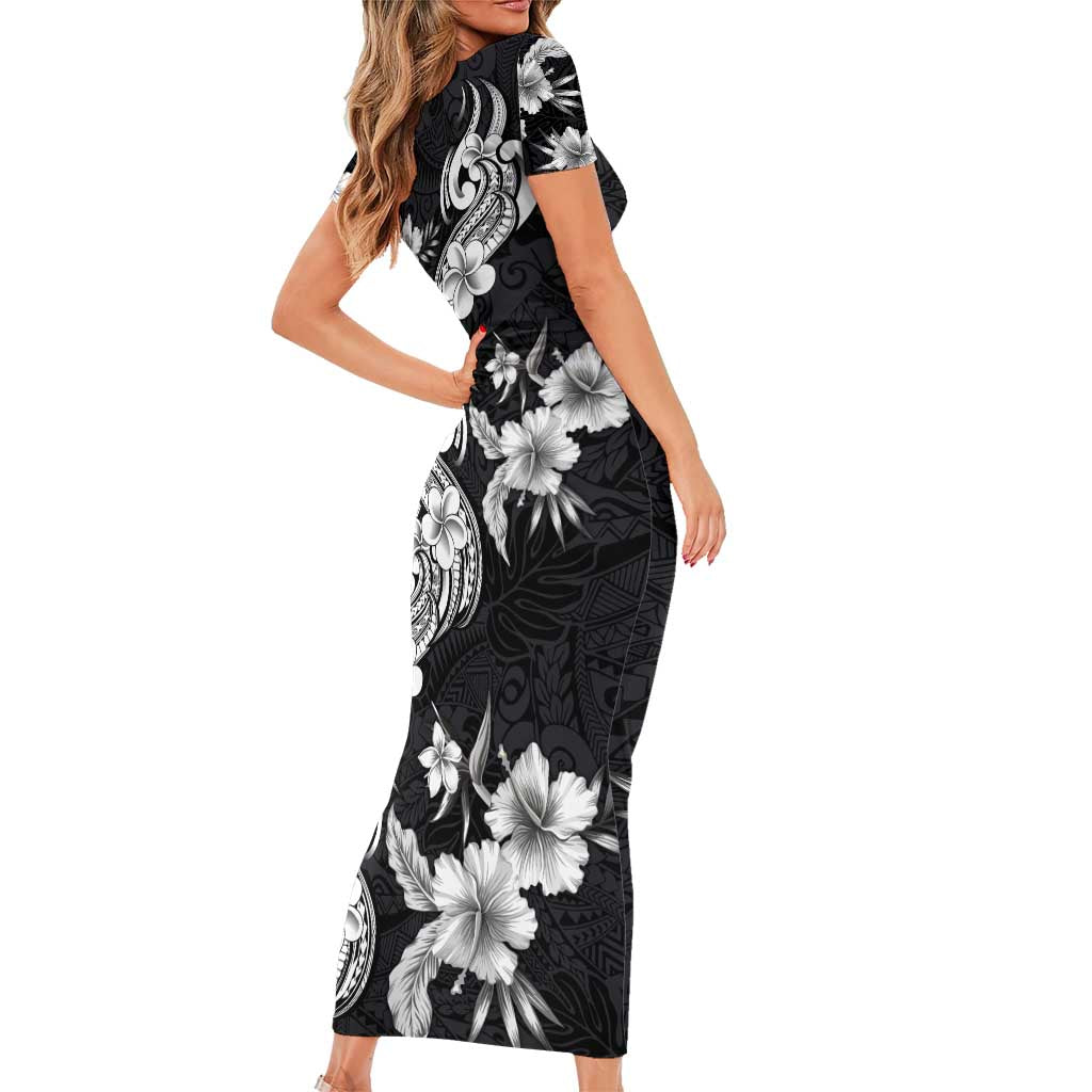 Hawaiian-Polynesian Art Tattoo Family Matching Short Sleeve Bodycon Dress and Hawaiian Shirt Hibiscus and Plumeria Grayscale LT03 - Polynesian Pride