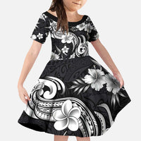 Hawaiian-Polynesian Art Tattoo Family Matching Summer Maxi Dress and Hawaiian Shirt Hibiscus and Plumeria Grayscale LT03 Daughter's Dress Black - Polynesian Pride