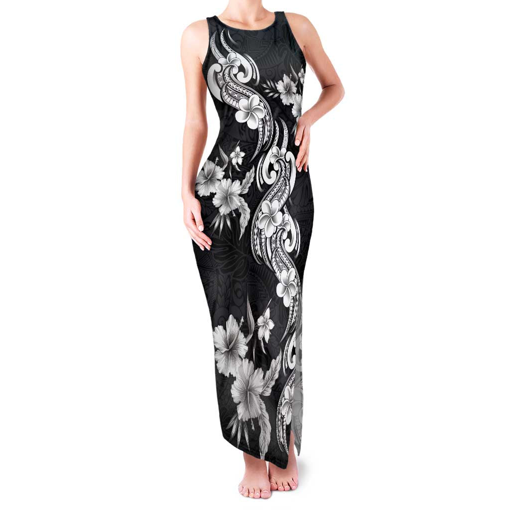 Hawaiian-Polynesian Art Tattoo Family Matching Tank Maxi Dress and Hawaiian Shirt Hibiscus and Plumeria Grayscale