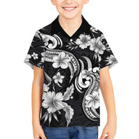 Hawaiian-Polynesian Art Tattoo Family Matching Tank Maxi Dress and Hawaiian Shirt Hibiscus and Plumeria Grayscale