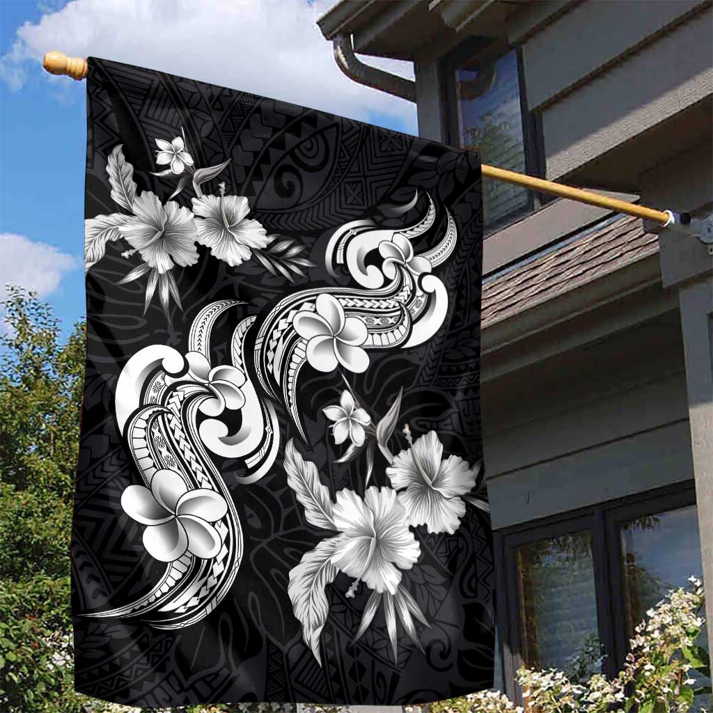 Hawaiian-Polynesian Art Tattoo Garden Flag Hibiscus and Plumeria Grayscale