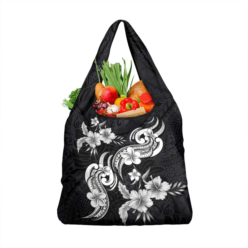 Hawaiian-Polynesian Art Tattoo Grocery Bag Hibiscus and Plumeria Grayscale