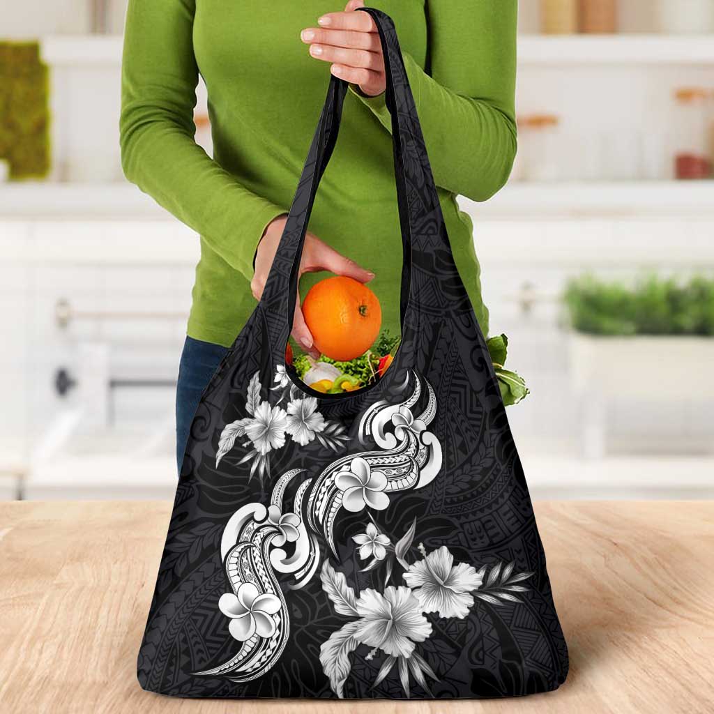 Hawaiian-Polynesian Art Tattoo Grocery Bag Hibiscus and Plumeria Grayscale