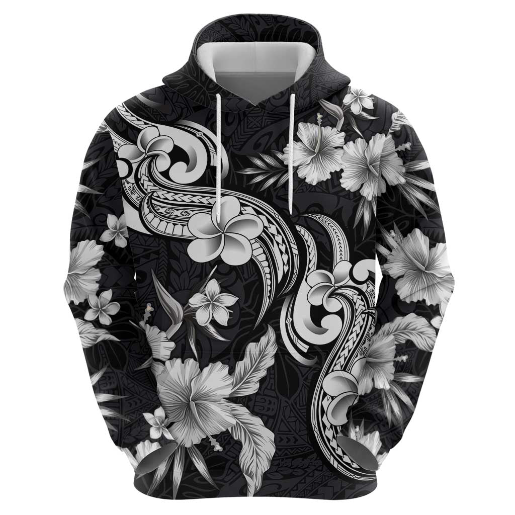 Hawaiian-Polynesian Art Tattoo Hoodie Hibiscus and Plumeria Grayscale