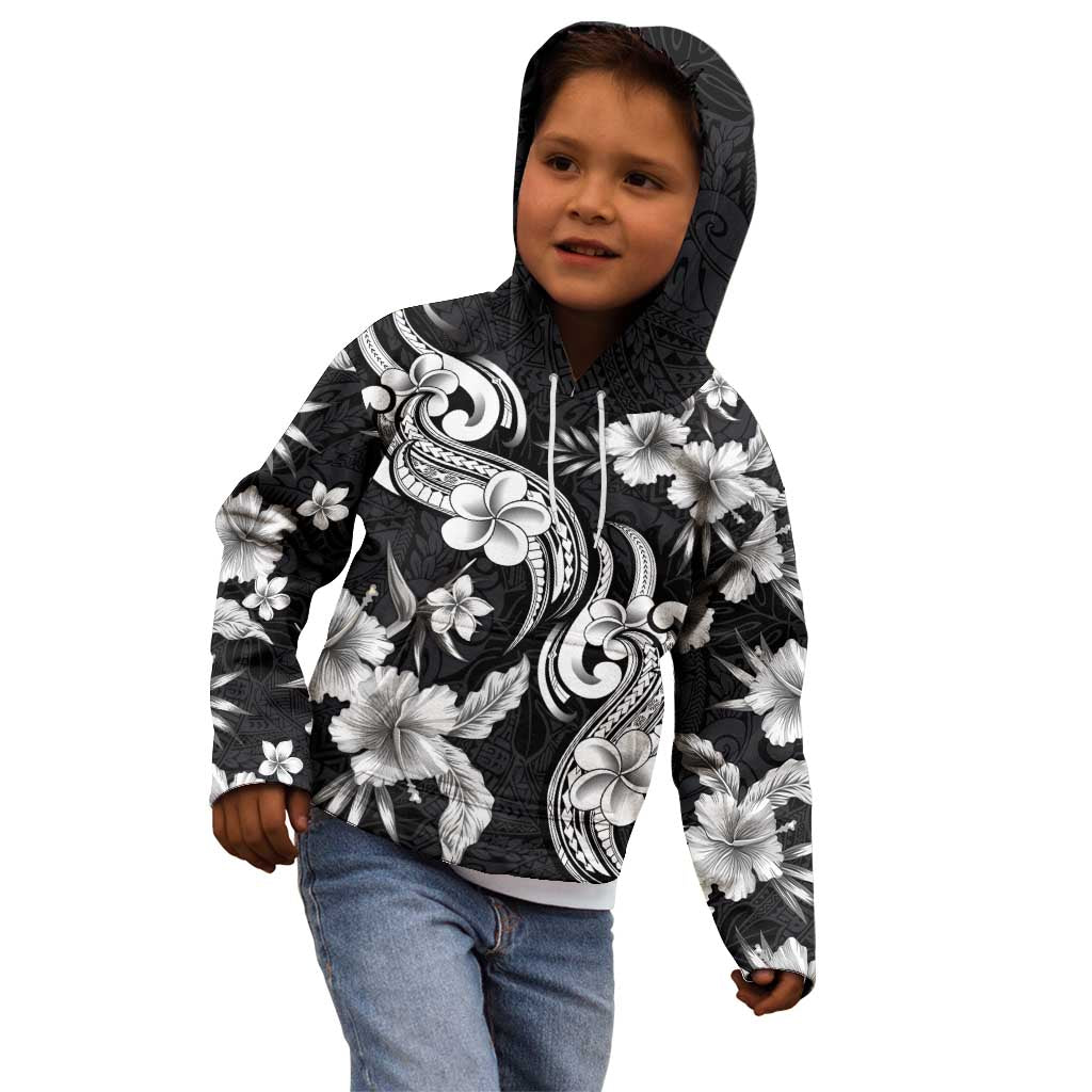 Hawaiian-Polynesian Art Tattoo Kid Hoodie Hibiscus and Plumeria Grayscale