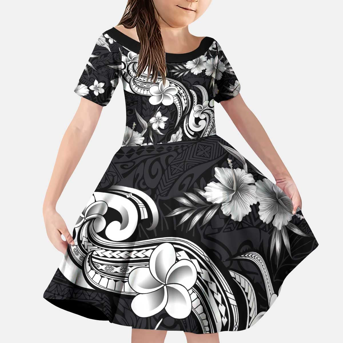 Hawaiian-Polynesian Art Tattoo Kid Short Sleeve Dress Hibiscus and Plumeria Grayscale