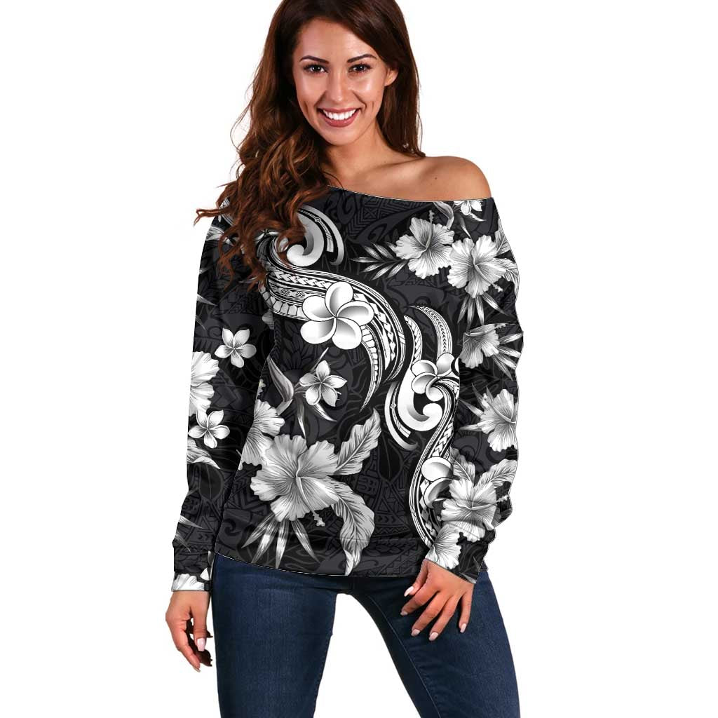 Hawaiian-Polynesian Art Tattoo Off Shoulder Sweater Hibiscus and Plumeria Grayscale
