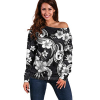 Hawaiian-Polynesian Art Tattoo Off Shoulder Sweater Hibiscus and Plumeria Grayscale