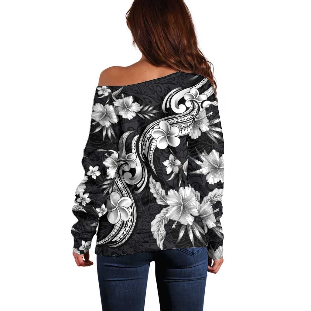 Hawaiian-Polynesian Art Tattoo Off Shoulder Sweater Hibiscus and Plumeria Grayscale