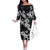 Hawaiian-Polynesian Art Tattoo Off The Shoulder Long Sleeve Dress Hibiscus and Plumeria Grayscale
