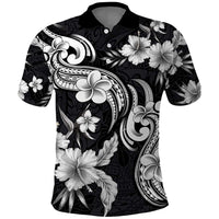 Hawaiian-Polynesian Art Tattoo Polo Shirt Hibiscus and Plumeria Grayscale