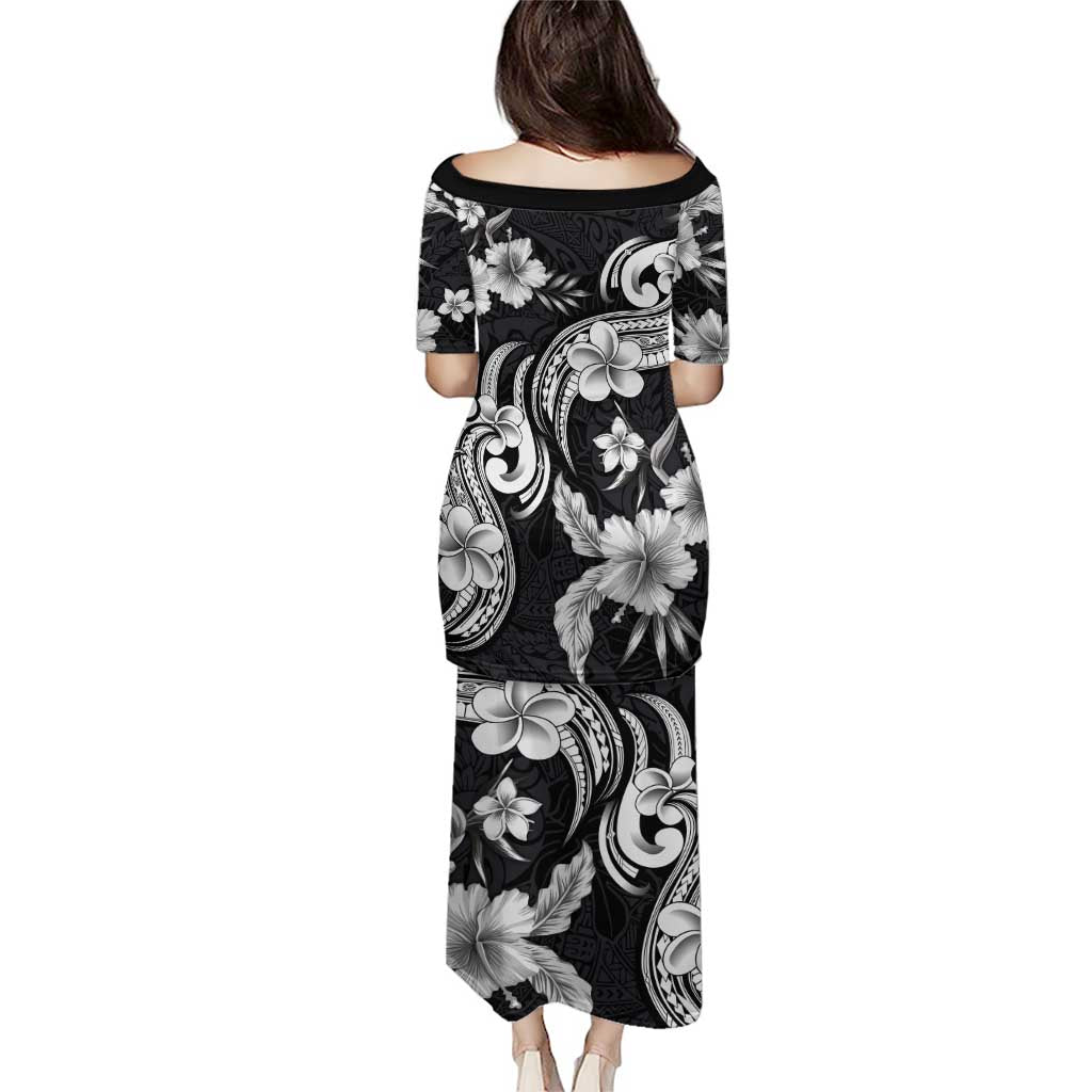 Hawaiian-Polynesian Art Tattoo Puletasi Hibiscus and Plumeria Grayscale