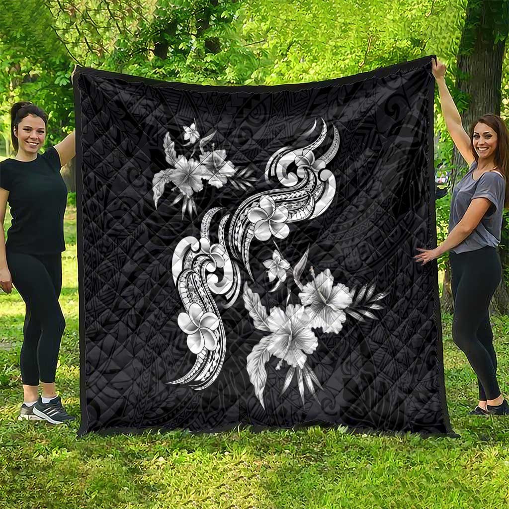 Hawaiian-Polynesian Art Tattoo Quilt Hibiscus and Plumeria Grayscale