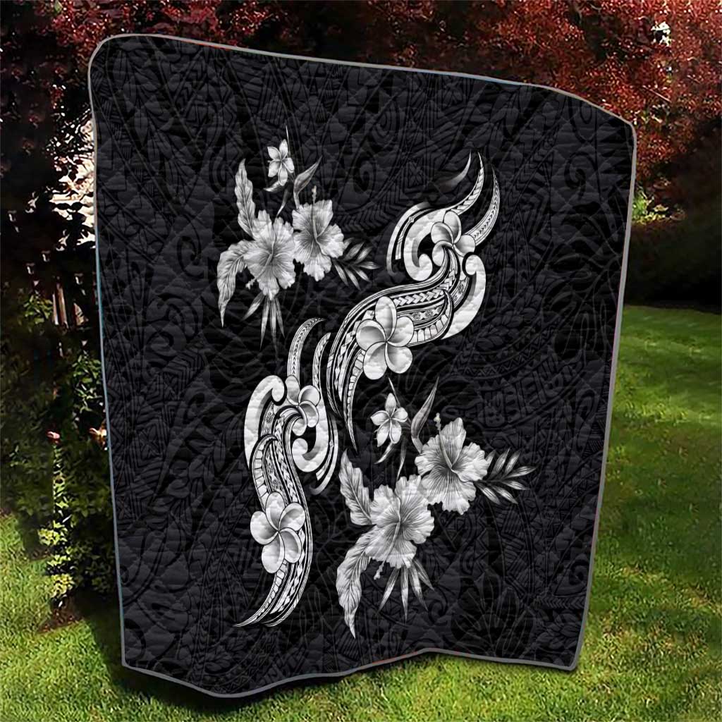 Hawaiian-Polynesian Art Tattoo Quilt Hibiscus and Plumeria Grayscale