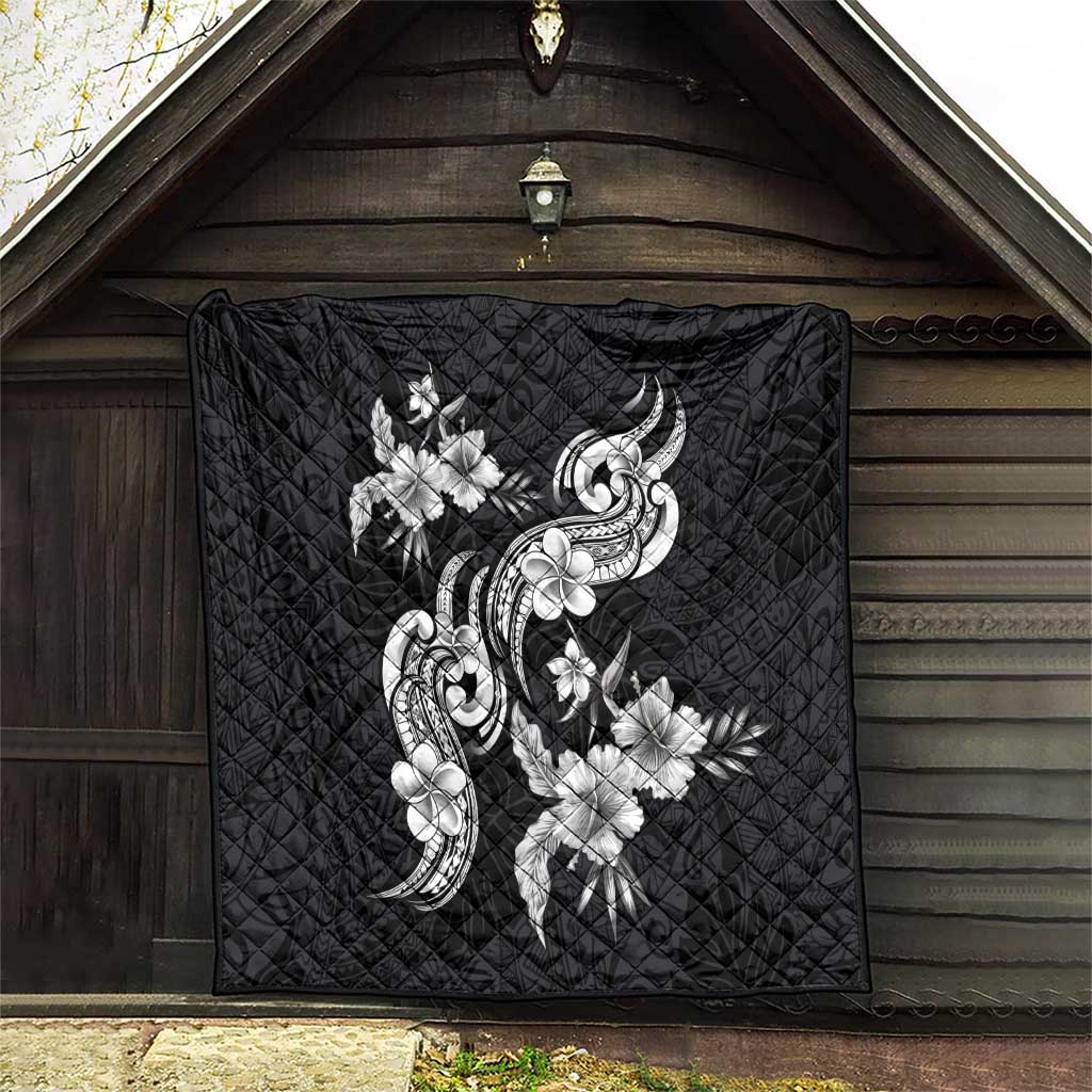 Hawaiian-Polynesian Art Tattoo Quilt Hibiscus and Plumeria Grayscale