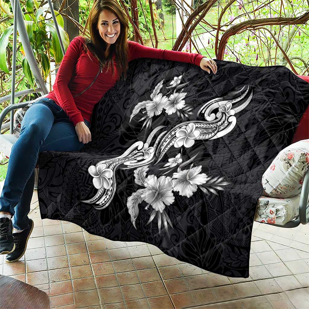 Hawaiian-Polynesian Art Tattoo Quilt Hibiscus and Plumeria Grayscale