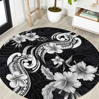 Hawaiian-Polynesian Art Tattoo Round Carpet Hibiscus and Plumeria Grayscale