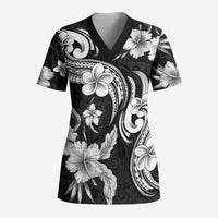 Hawaiian-Polynesian Art Tattoo Scrub Top Hibiscus and Plumeria Grayscale - Polynesian Pride