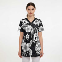 Hawaiian-Polynesian Art Tattoo Scrub Top Hibiscus and Plumeria Grayscale - Polynesian Pride