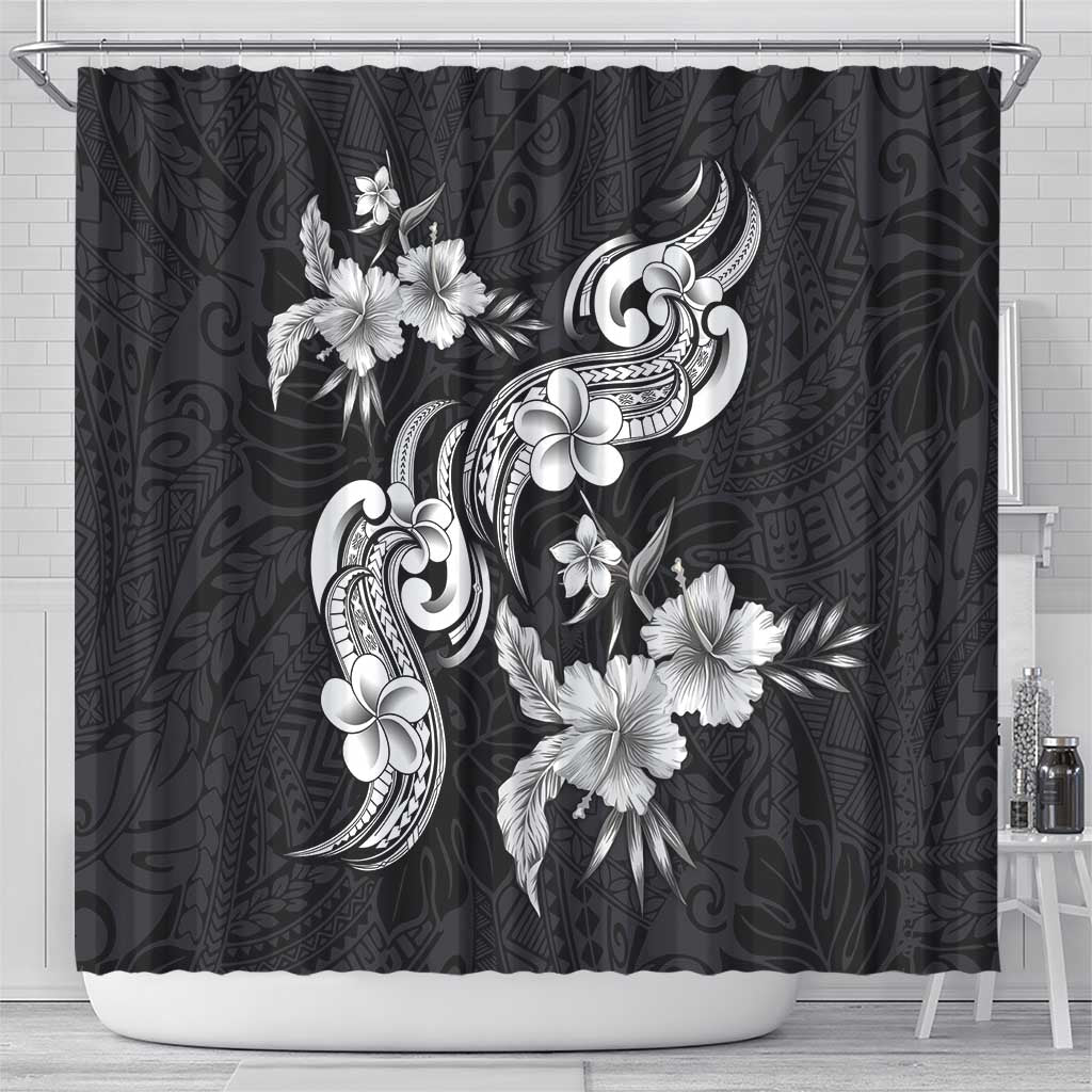 Hawaiian-Polynesian Art Tattoo Shower Curtain Hibiscus and Plumeria Grayscale